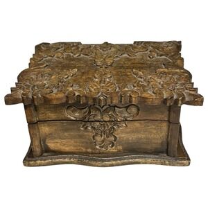 Vintage‎ Hand Carved Wooden Jewelry Box Floral Ornate Mirror 4 Compartments